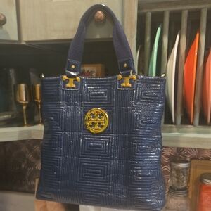 Tory Burch Quilted Navy Patent Leather Tote with Gold Emblem
